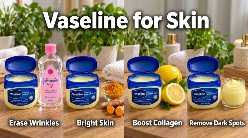A 2x2 grid showing four different Vaseline applications Top left Vaseline with baby oil Top right Vaseline with turmeric