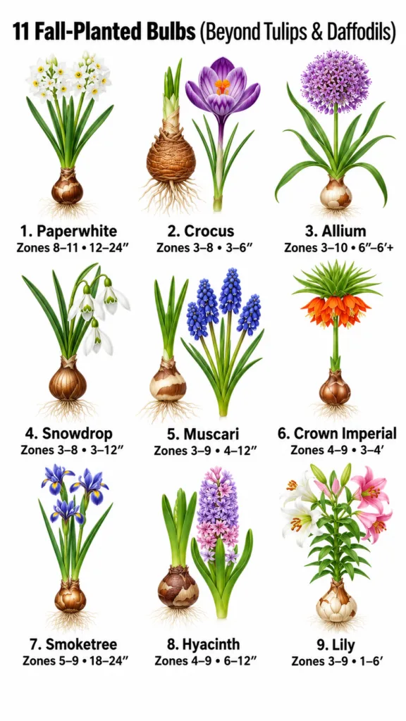 A collection of various fall-planted flower bulbs including crocus snowdrop paperwhite muscari crown imperial allium hya