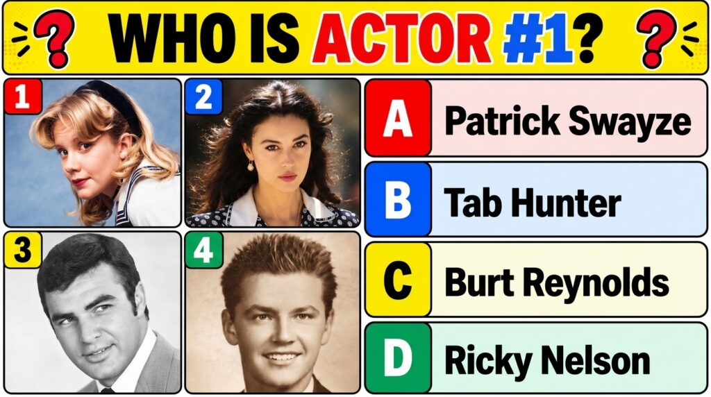A quiz image with WHO IS ACTOR 1 banner and four celebrity portraits one being a young Burt Reynolds