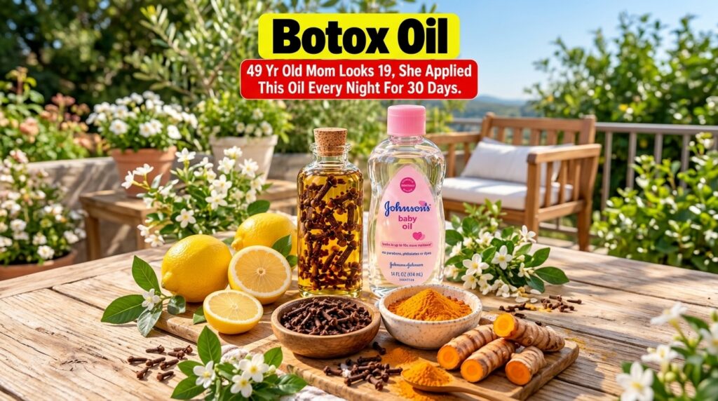 A collection of natural ingredients for a DIY Botox Oil including a bottle of baby oil whole cloves turmeric powder fres