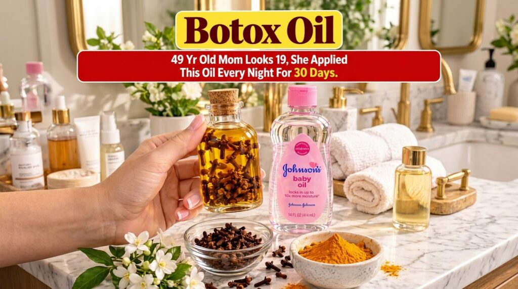 A hand holding a small glass bottle of homemade clove and baby oil next to a larger baby oil bottle with whole cloves an