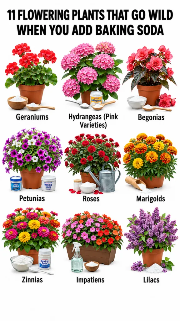 A visually organized infographic showing 11 different potted flowering plants each paired with baking soda in various fo