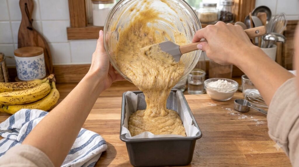 Hands pouring thick banana bread batter from a clear glass bowl into a parchment-lined loaf pan with ripe bananas blurre