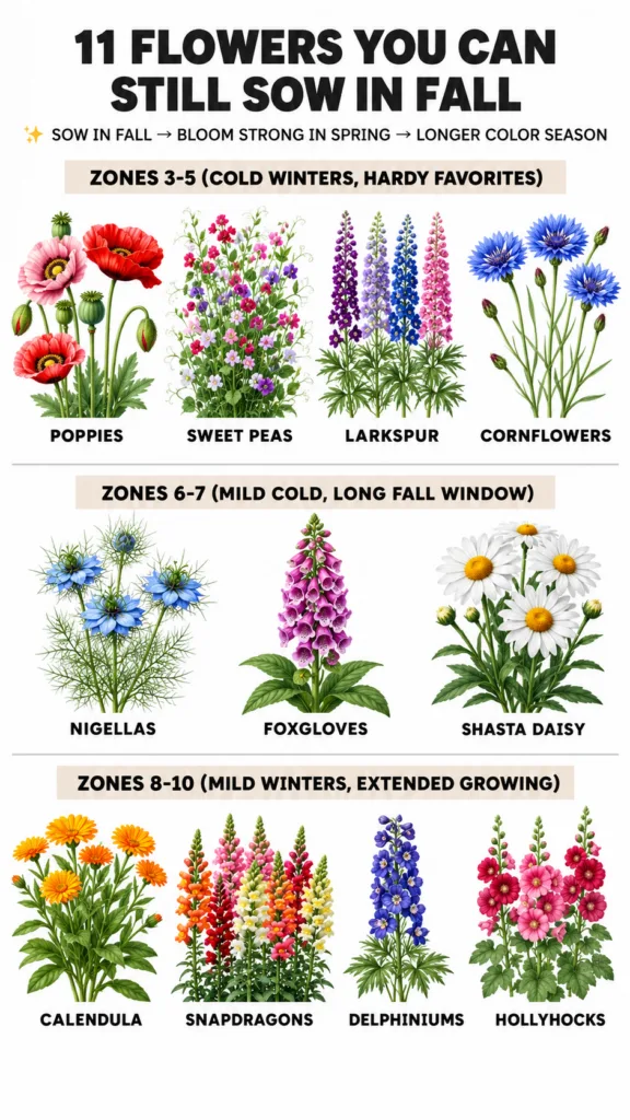 An infographic titled 11 Flowers You Can Still Sow In Fall with three sections for USDA Zones 3-5 6-7 and 8-10 showing i