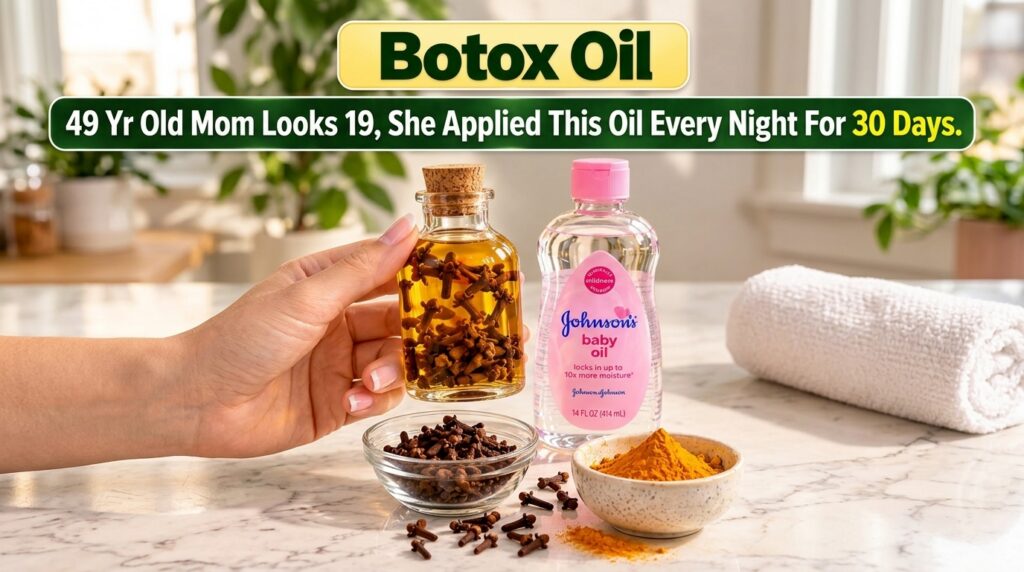 A hand holding a small glass bottle filled with golden oil and cloves next to a bottle of baby oil On the table there s