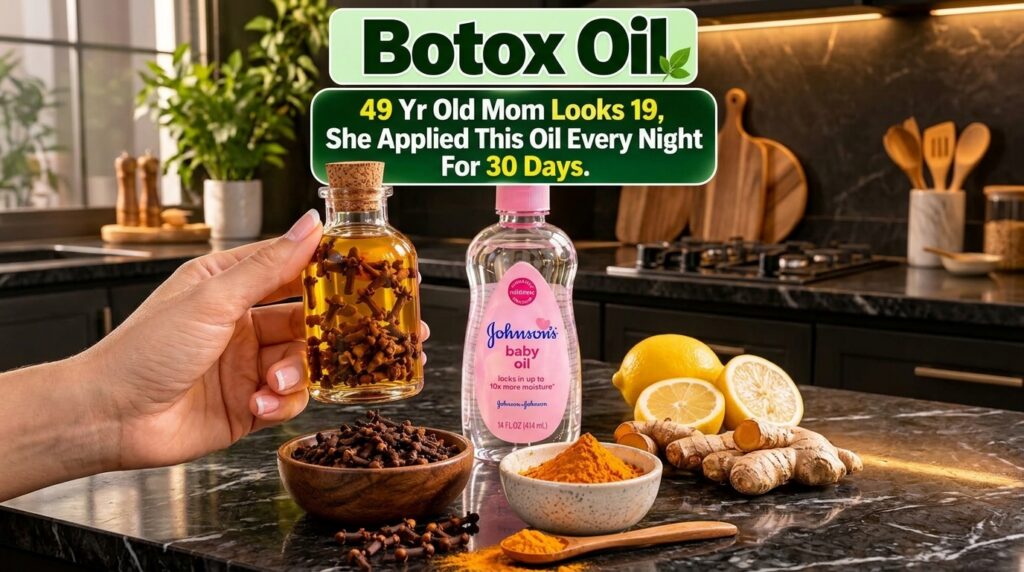 A hand holding a small bottle of clove-infused oil next to a bottle of baby oil with cloves turmeric lemon and ginger ar