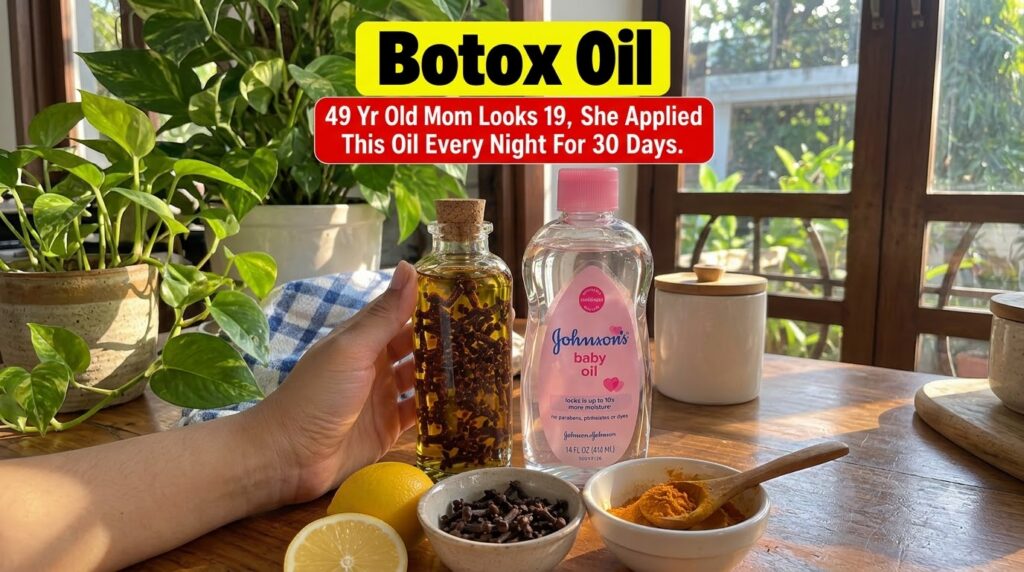A hand holding a small glass bottle filled with oil and cloves surrounded by a bottle of Johnson s baby oil sliced lemon