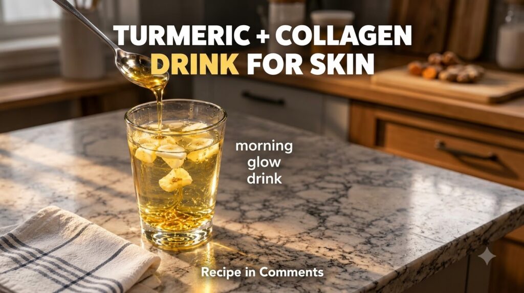 A glass of golden liquid with banana slices and a spoon dripping more liquid on a reflective countertop with soft golden
