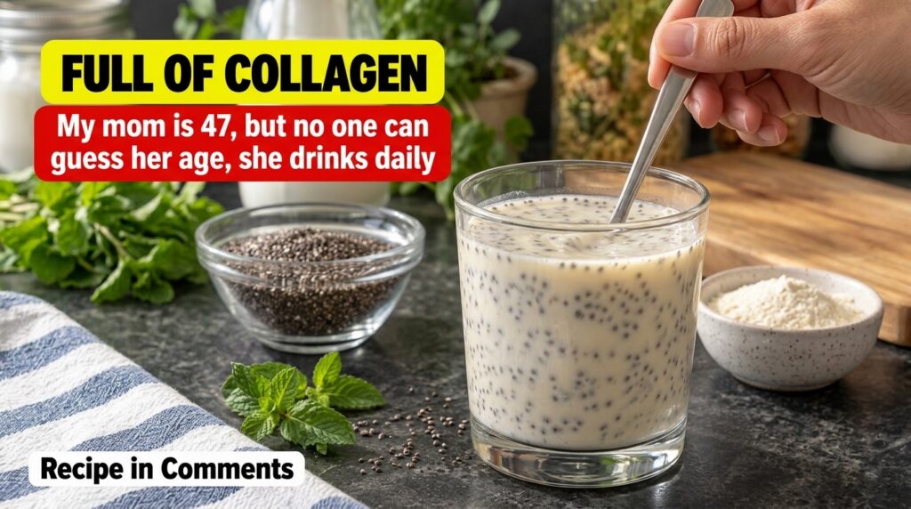 A glass of chia seed drink being stirred with a spoon with scattered chia seeds fresh mint leaves and a striped cloth in