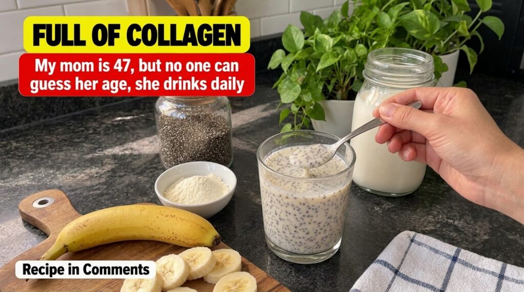 A glass of chia seed pudding with a spoon surrounded by chia seeds collagen powder sliced banana and milk on a clean kit