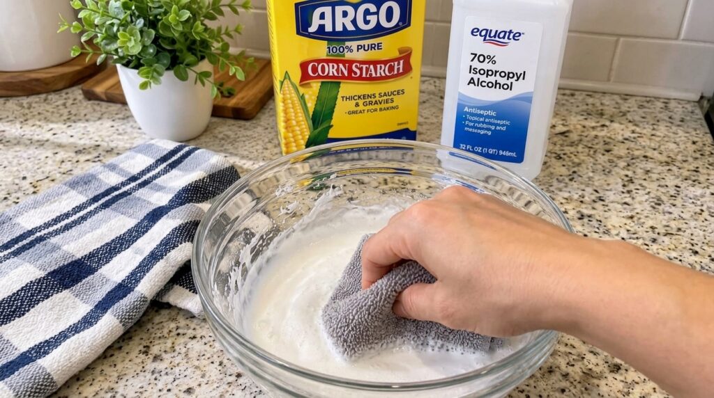 A close-up overhead view of a hand using a gray microfiber cloth to stir a white viscous liquid in a clear glass bowl In