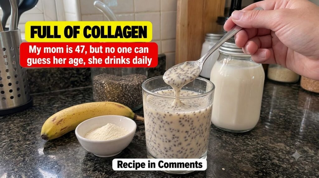 A close-up of a glass of chia seed pudding with a spoon dripping back into it a hand holding the glass surrounded by chi
