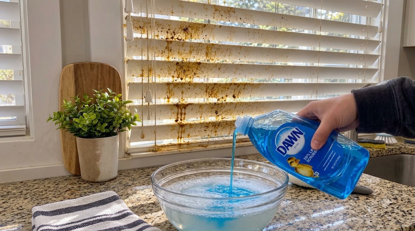 A hand pouring blue dish soap into a glass bowl of water to create a cleaning solution