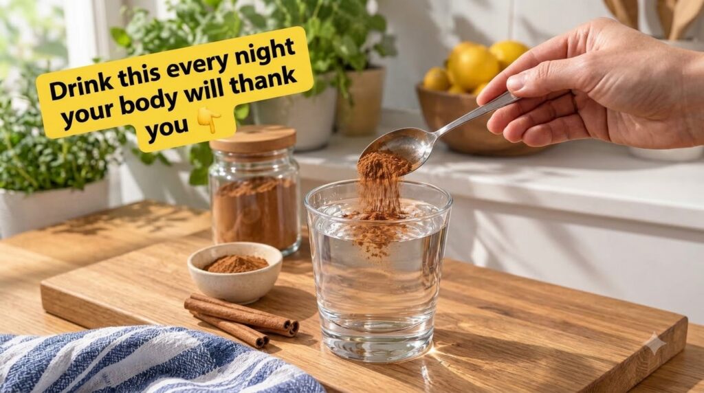 A close-up shot of a glass of water on a wooden countertop with cinnamon powder actively being spooned into it Surroundi