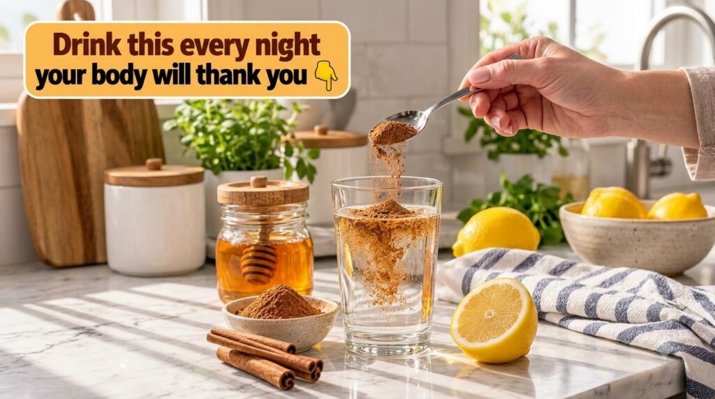A hand pouring cinnamon powder into a glass of water surrounded by honey lemon and cinnamon sticks on a bright marble co