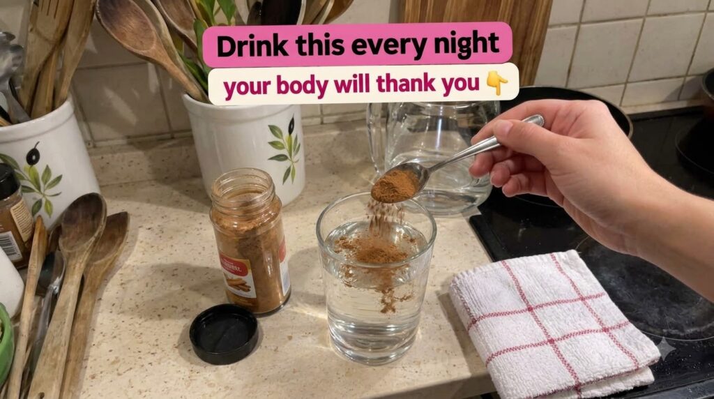 An overhead shot of a person pouring cinnamon powder from a spoon into a glass of water on a kitchen counter