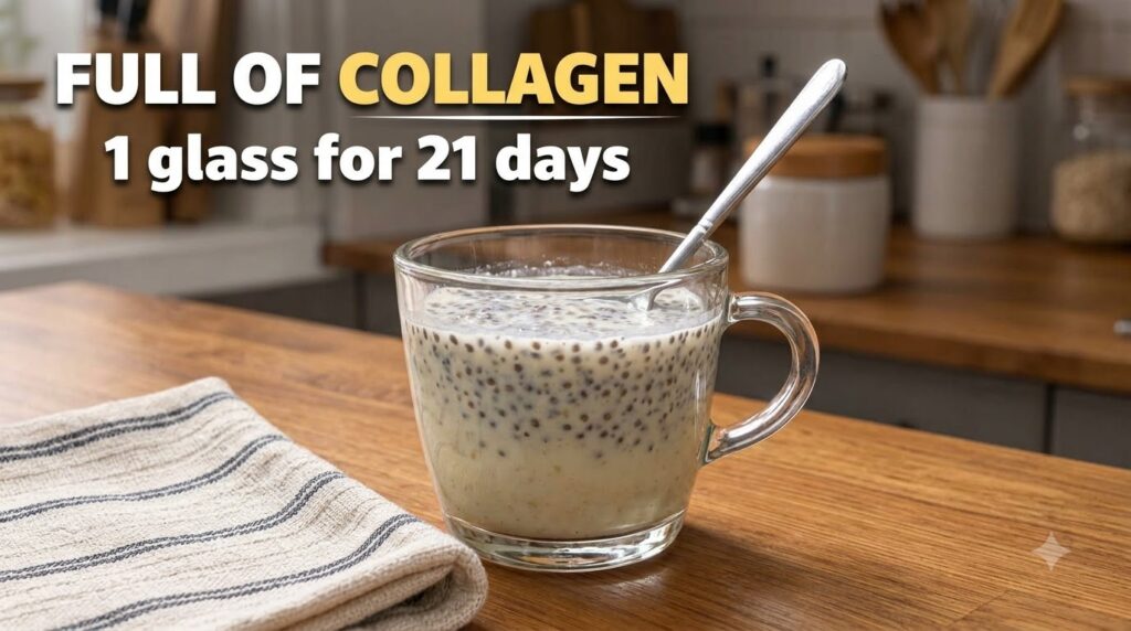 A clear glass mug containing a creamy liquid with numerous chia seeds and a submerged metal spoon on a wooden countertop