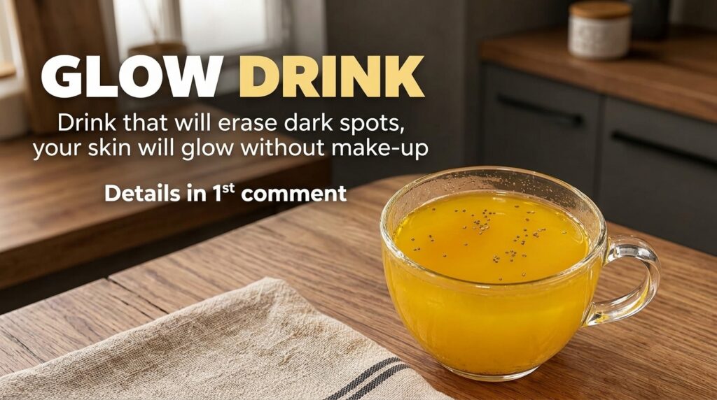 A clear glass mug filled with a vibrant yellow glow drink topped with small dark seeds on a wooden surface with a stripe