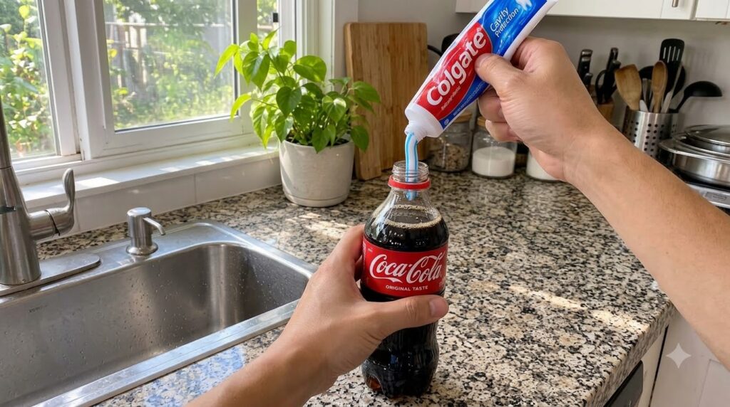 A person s hands squeezing toothpaste into an open bottle of Coca-Cola on a kitchen counter