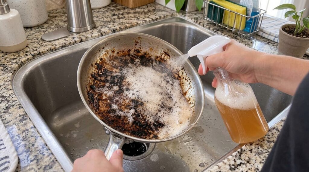 A stainless steel frying pan heavily soiled with burnt residue resting in a kitchen sink A hand is spraying a cleaning s