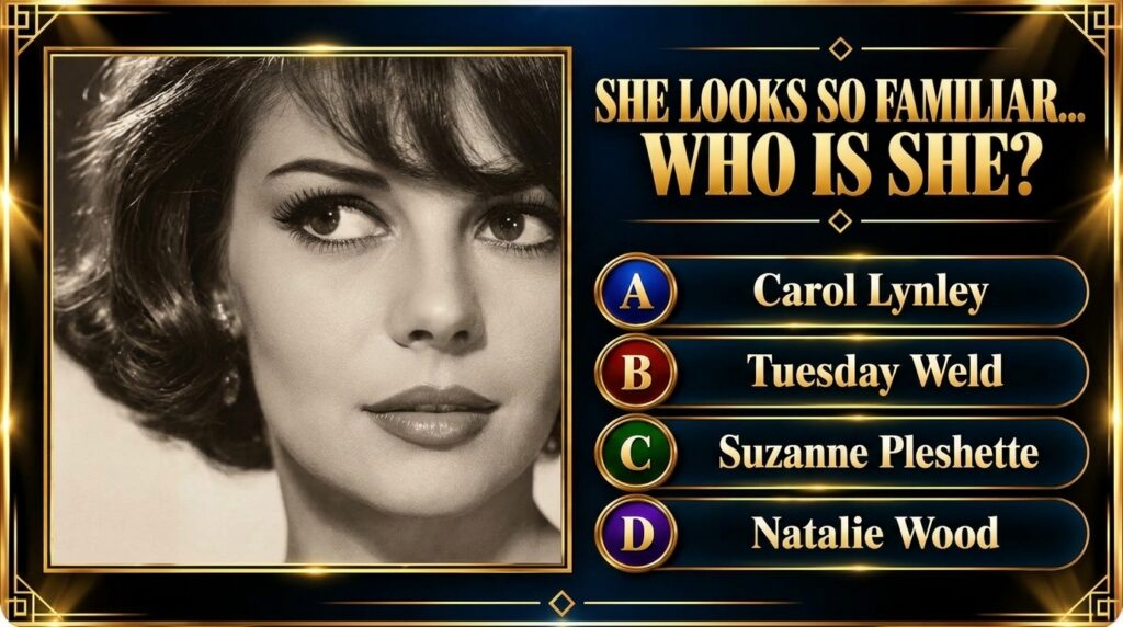 A retro quiz interface featuring a black and white close-up portrait of a woman with quiz elements and golden frames