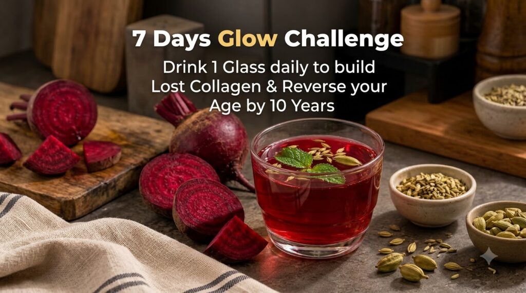 A vibrant red beetroot and mint elixir in a glass with fresh beetroots mint leaves and fennel seeds scattered around on 