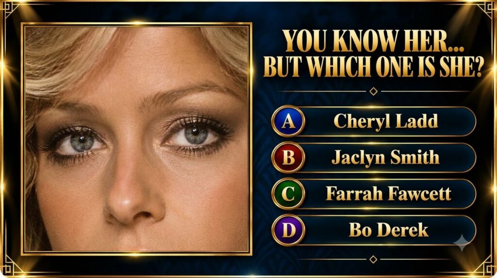 A close-up of a woman s eyes and nose with blonde hair framing her face Below is a quiz interface with the question YOU 