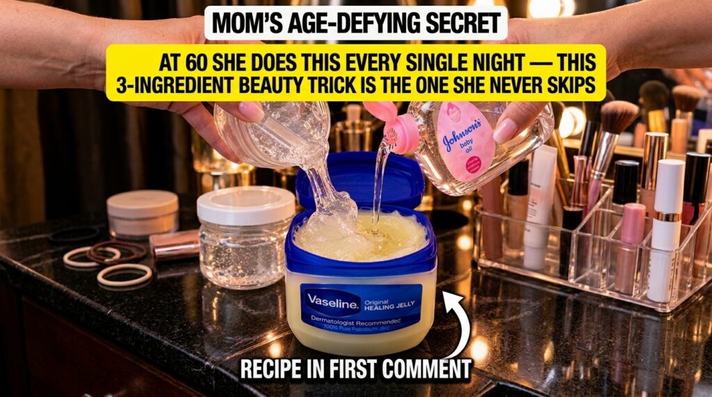 Hands mixing Vaseline clear gel hyaluronic acid and Johnson s baby oil in an open tub