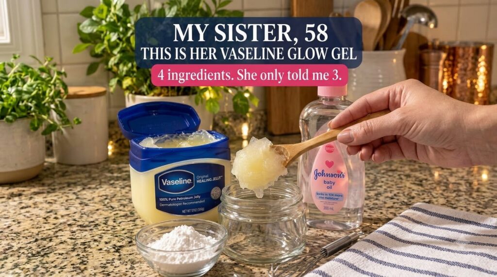 Close-up top-down view of DIY beauty ingredients on a granite counter a large tub of Vaseline a wooden spoon with a scoo