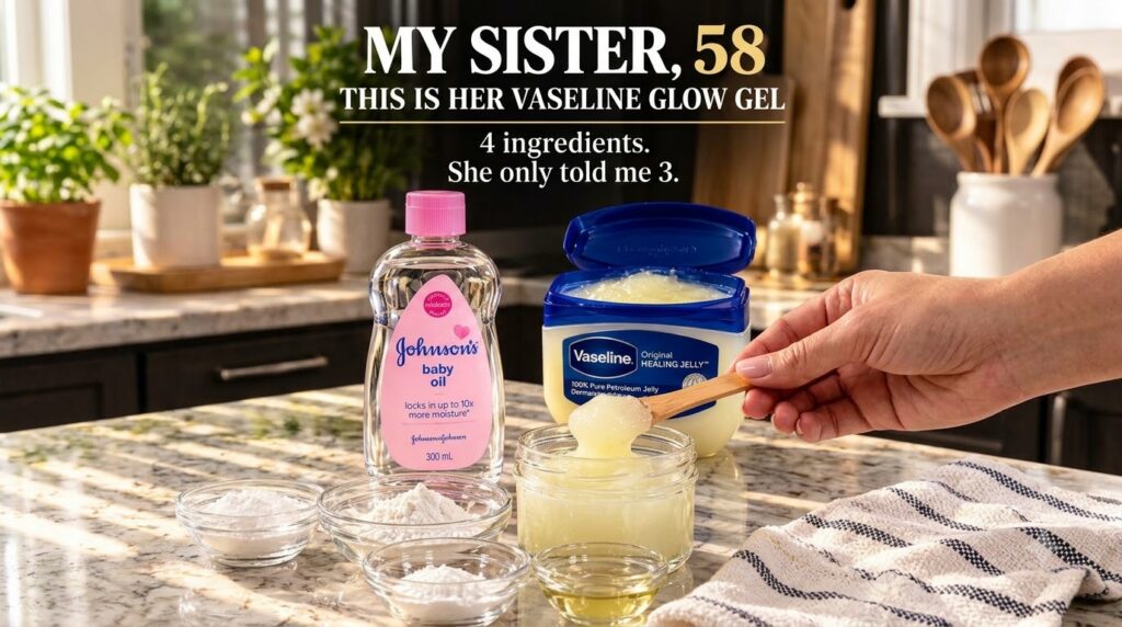 A beauty DIY setup with Vaseline Johnson s Baby Oil bowls of ingredients and a glass jar of mixed jelly with a hand scoo