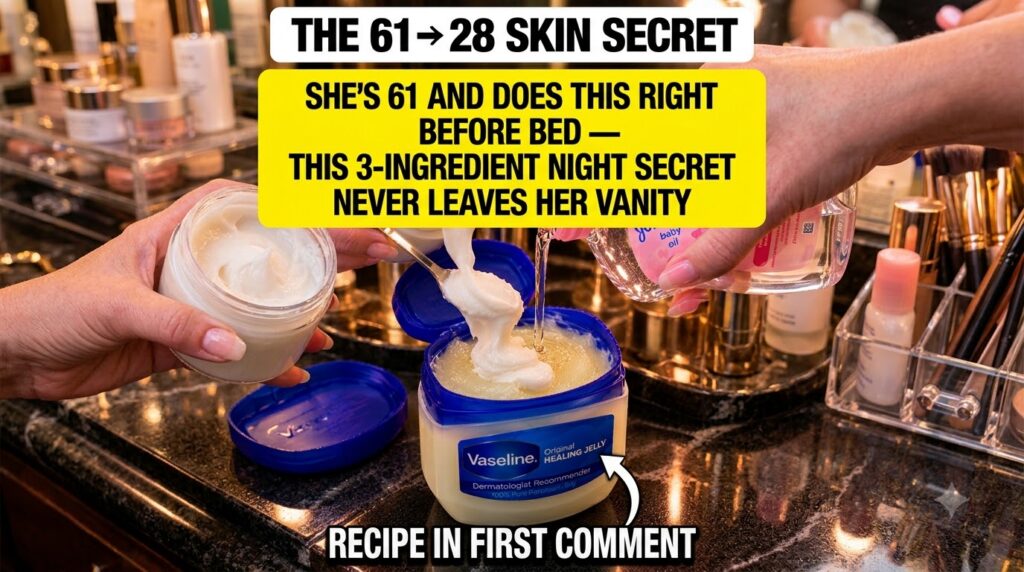 Close-up overhead shot of hands mixing Vaseline baby oil and a creamy white peptide cream in a small bowl