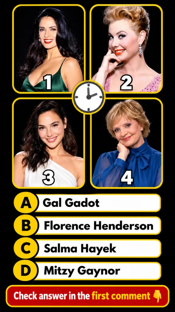 A multiple-choice quiz grid featuring four portraits of Mitzi Gaynor at different stages of her career with lettered opt