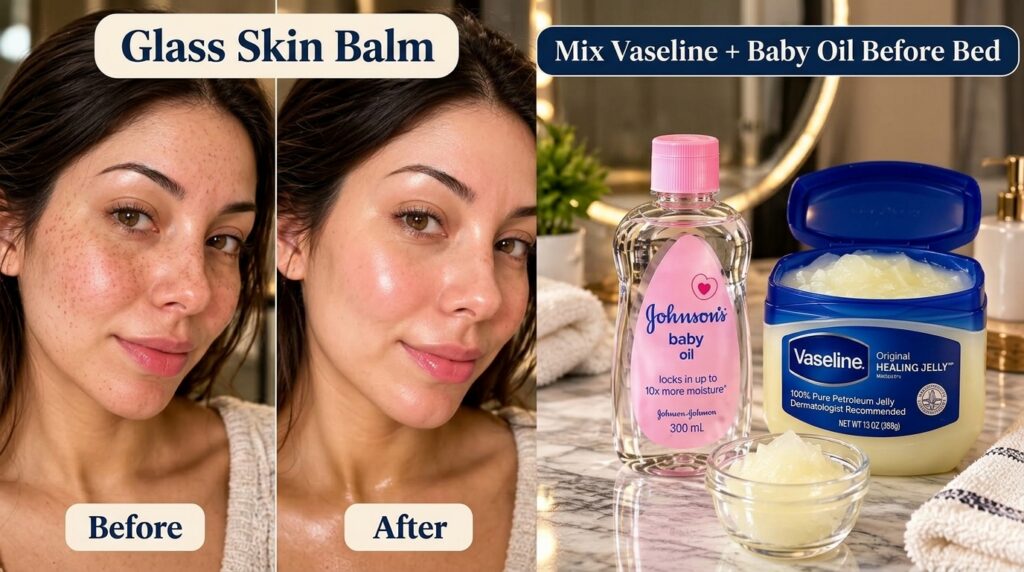 A vertical split-screen image showing a Before and After comparison of a woman s face for Glass Skin Balm effect The Bef