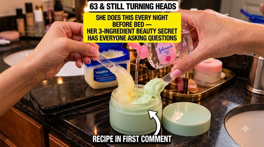 Hands mixing Vaseline Johnson s Baby Oil and Centella Cream in a jar with a clear spatula on a dark reflective surface