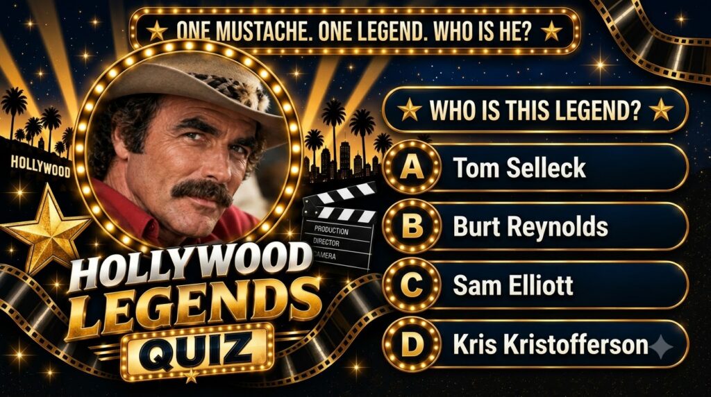 A quiz poster featuring a portrait of Burt Reynolds in a circular illuminated marquee with golden light rays palm tree s