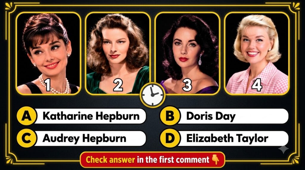 A multiple-choice quiz image showing four framed portraits of classic Hollywood actresses with options A B C D below the