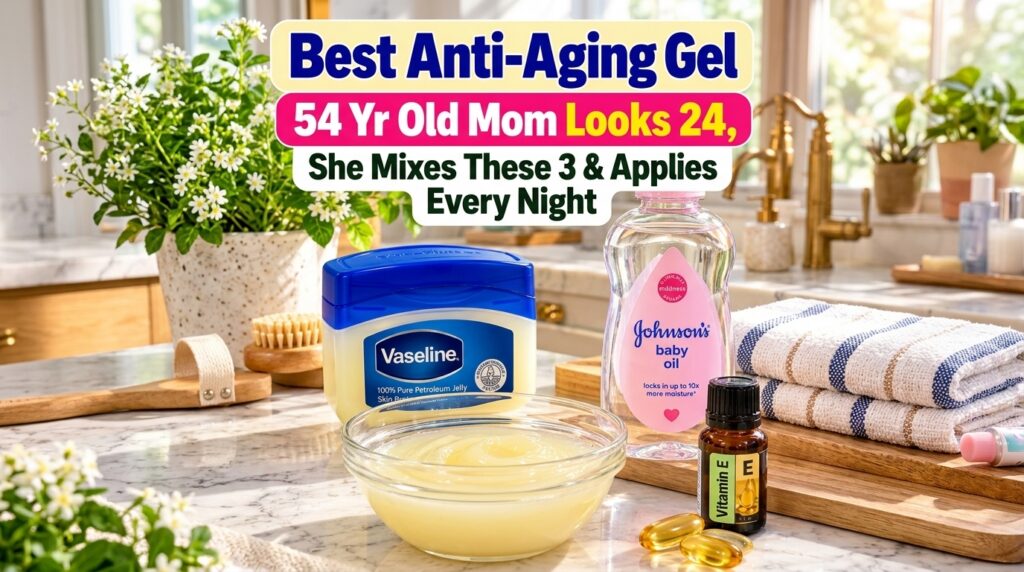 A close-up of DIY skincare ingredients including Vaseline baby oil Vitamin E oil and a glass bowl of yellow gel all on a