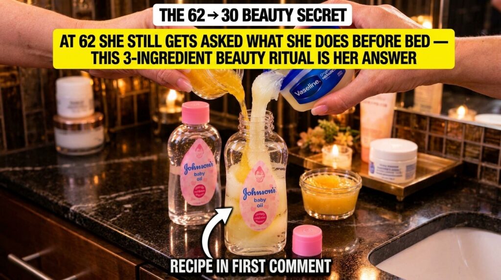 Hands pouring Vaseline and a golden royal jelly mixture into a Johnson s baby oil bottle capturing a DIY beauty preparat