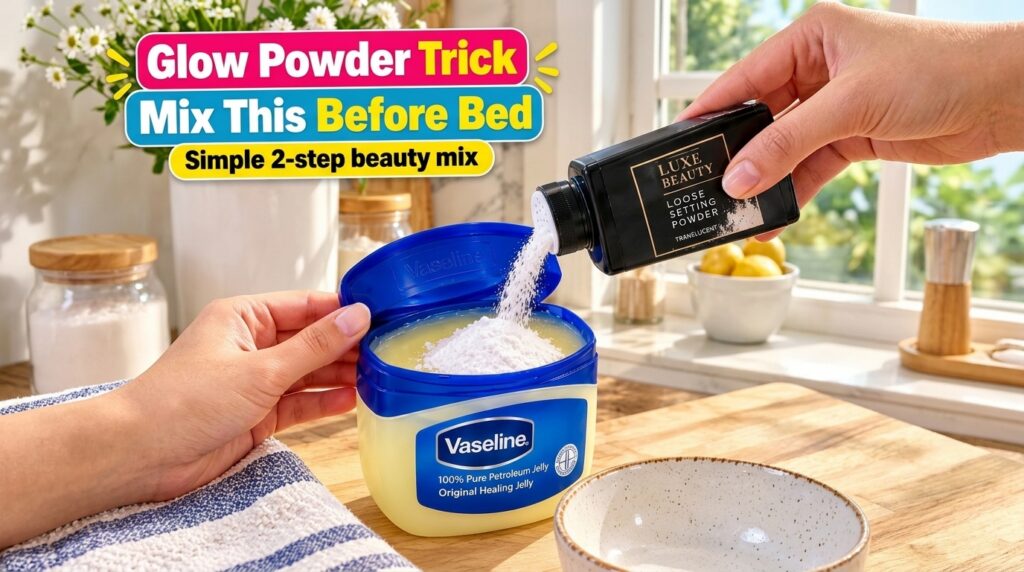 Hands pouring white loose setting powder from a Luxe Beauty container into an open jar of Vaseline petroleum jelly on a 