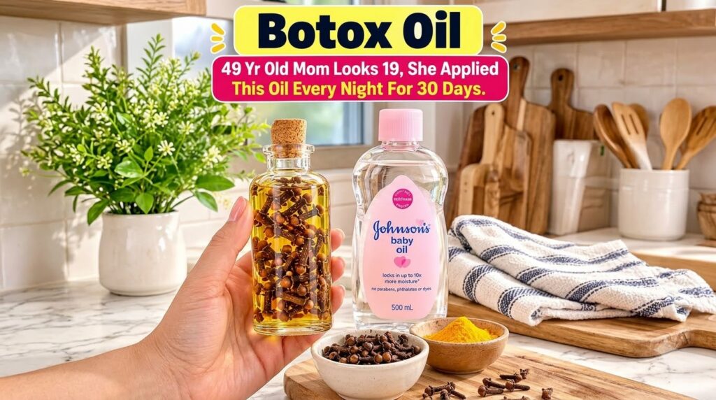 A hand holding a glass bottle filled with golden oil and cloves next to a bottle of Johnson s baby oil on a kitchen coun