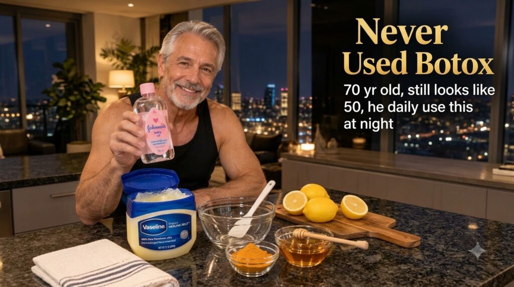 A smiling middle-aged man in a black tank top holding a bottle of Johnson s Baby Oil On a countertop are Vaseline lemons