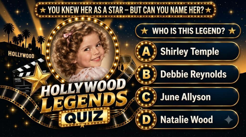 A vintage Hollywood Legends Quiz poster featuring a young Shirley Temple in a central illuminated circular frame with a 