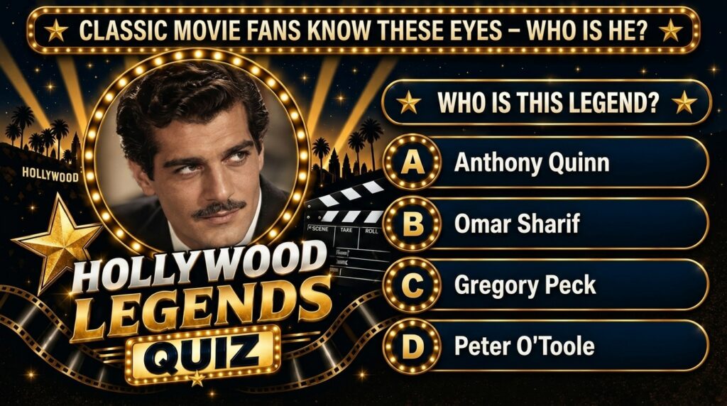 A vertical quiz poster titled Hollywood Legends Quiz with a black-and-white portrait of Omar Sharif framed by a circular