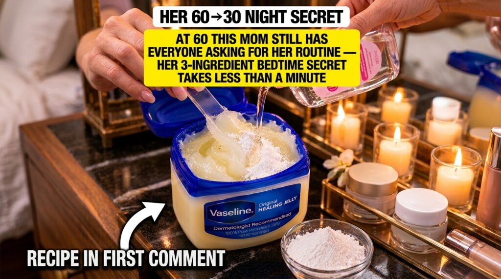 Hands mixing Vaseline Johnson s baby oil and white powder in a container with a spoon ready to stir