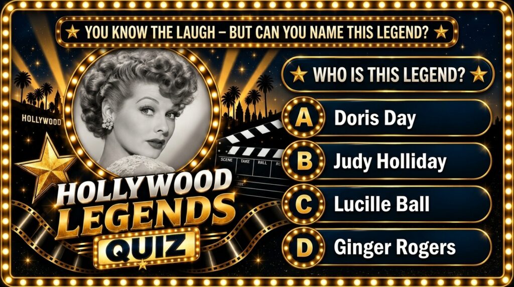 A black and white portrait of an older Lucille Ball within a circular lit frame with a starry night sky and subtle Holly