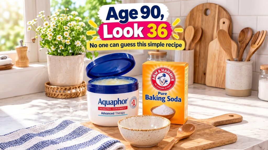 An open tub of Aquaphor Healing Ointment and a box of Arm Hammer Pure Baking Soda on a wooden cutting board with a ceram