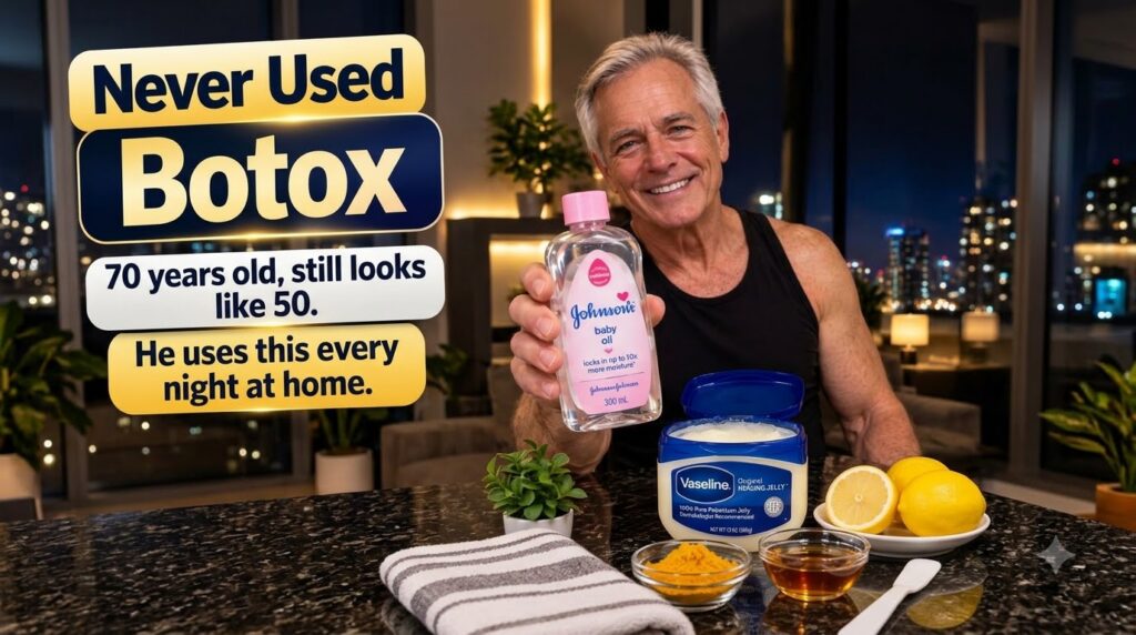 A smiling older man in a black tank top holding a bottle of Johnson s baby oil In front of him on a reflective dark coun