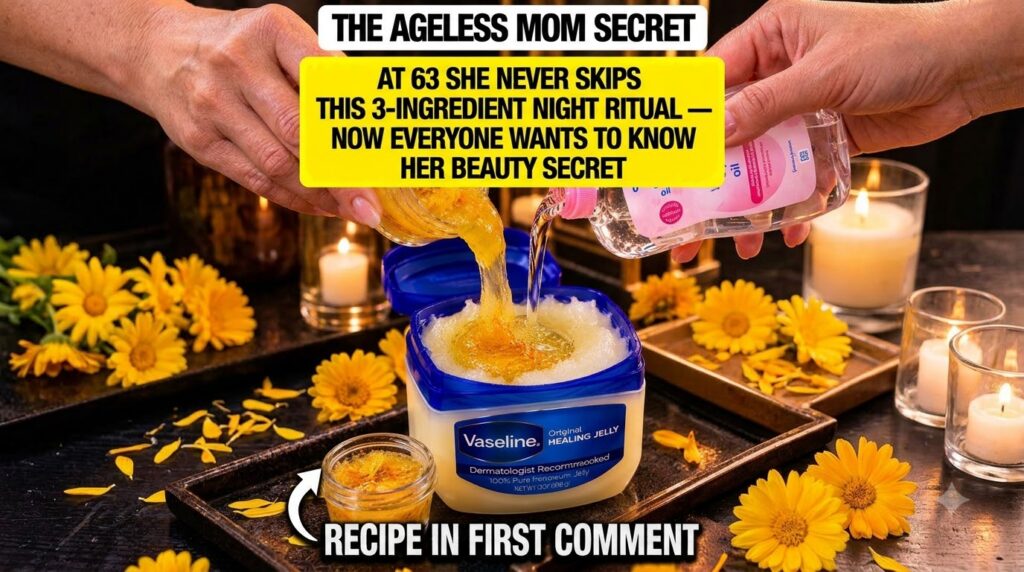 A close-up top-down view of hands mixing Vaseline Healing Jelly Johnson s Baby Oil and a golden calendula balm in a bowl