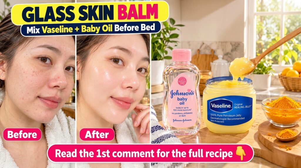 A vertical collage showing a Before and After comparison of a woman s face achieving glass skin and the ingredients John