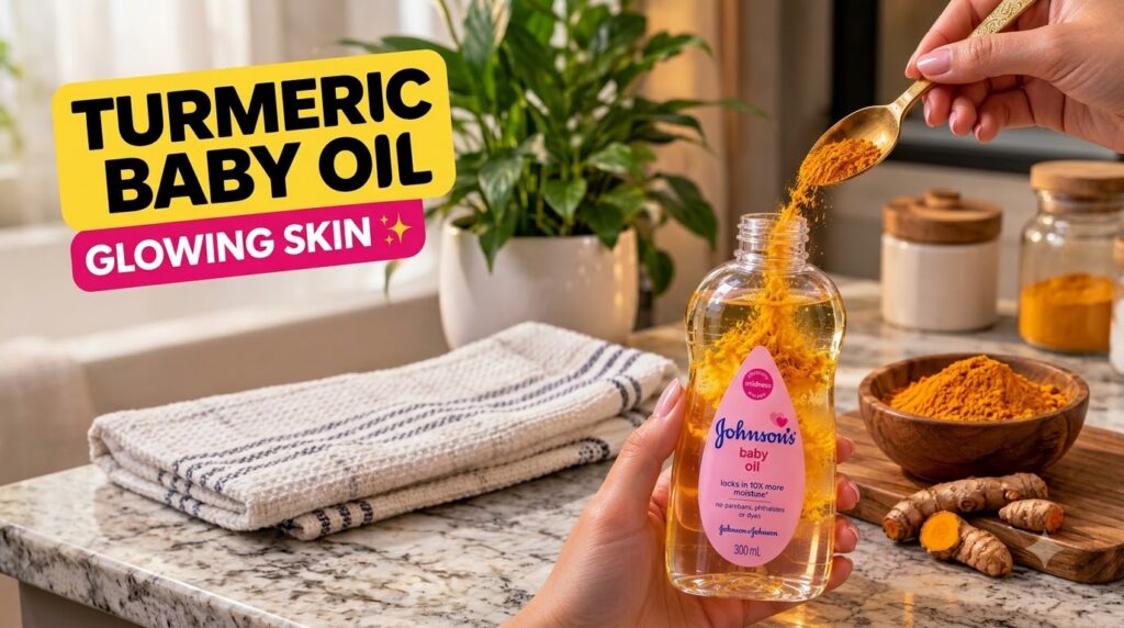A close-up of a hand pouring golden turmeric powder from a spoon into a bottle of clear Johnson s baby oil Some turmeric